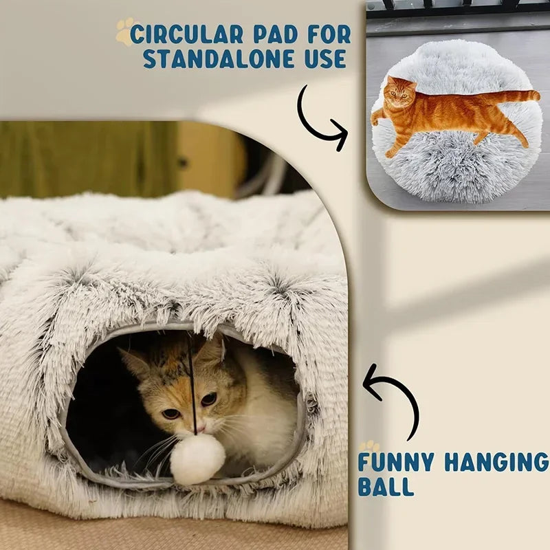 3-In-1 Plush Cat Tunnel Bed